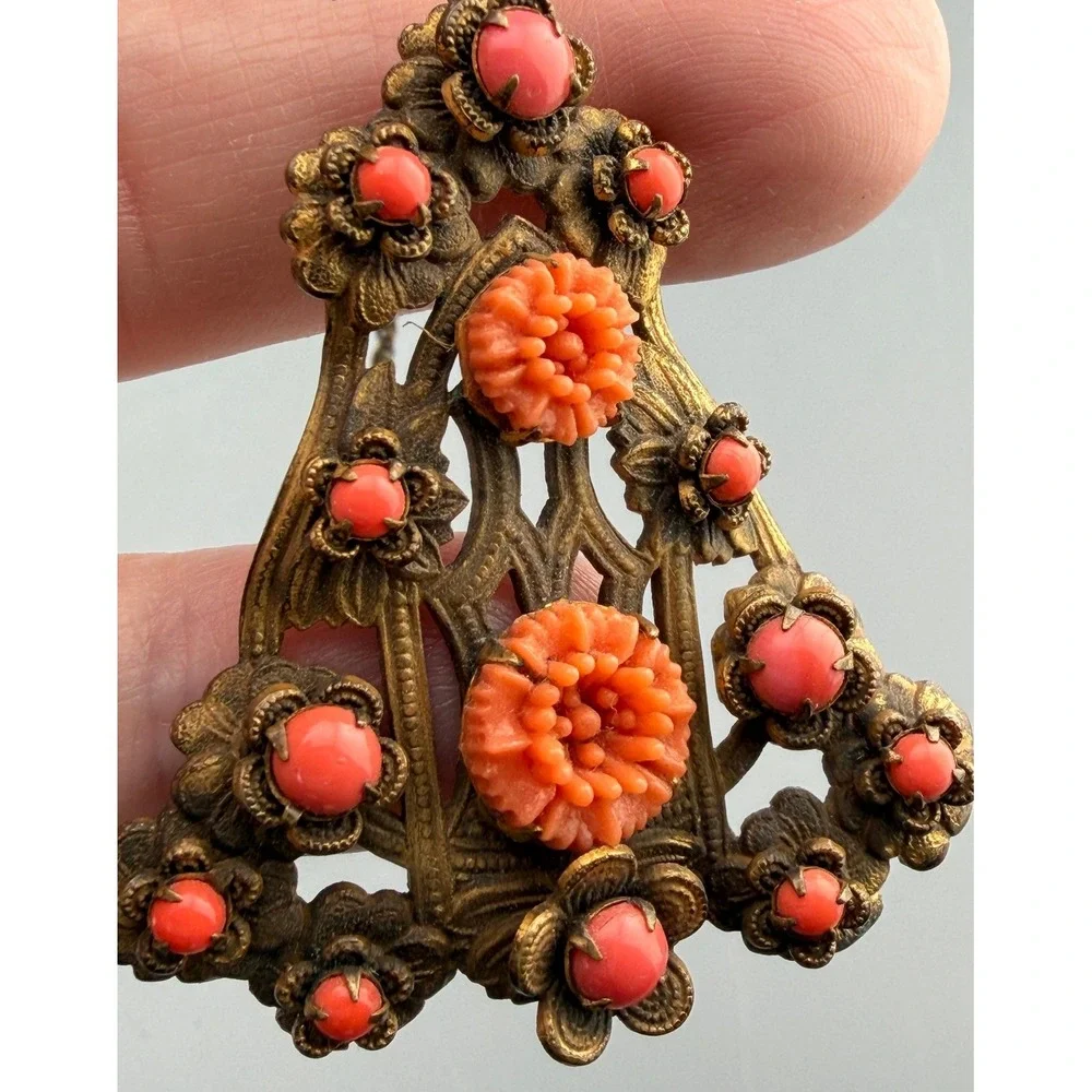 Vintage Czech Style Necklace Brass Filigree Pendant Orange Beads Carved Flowers